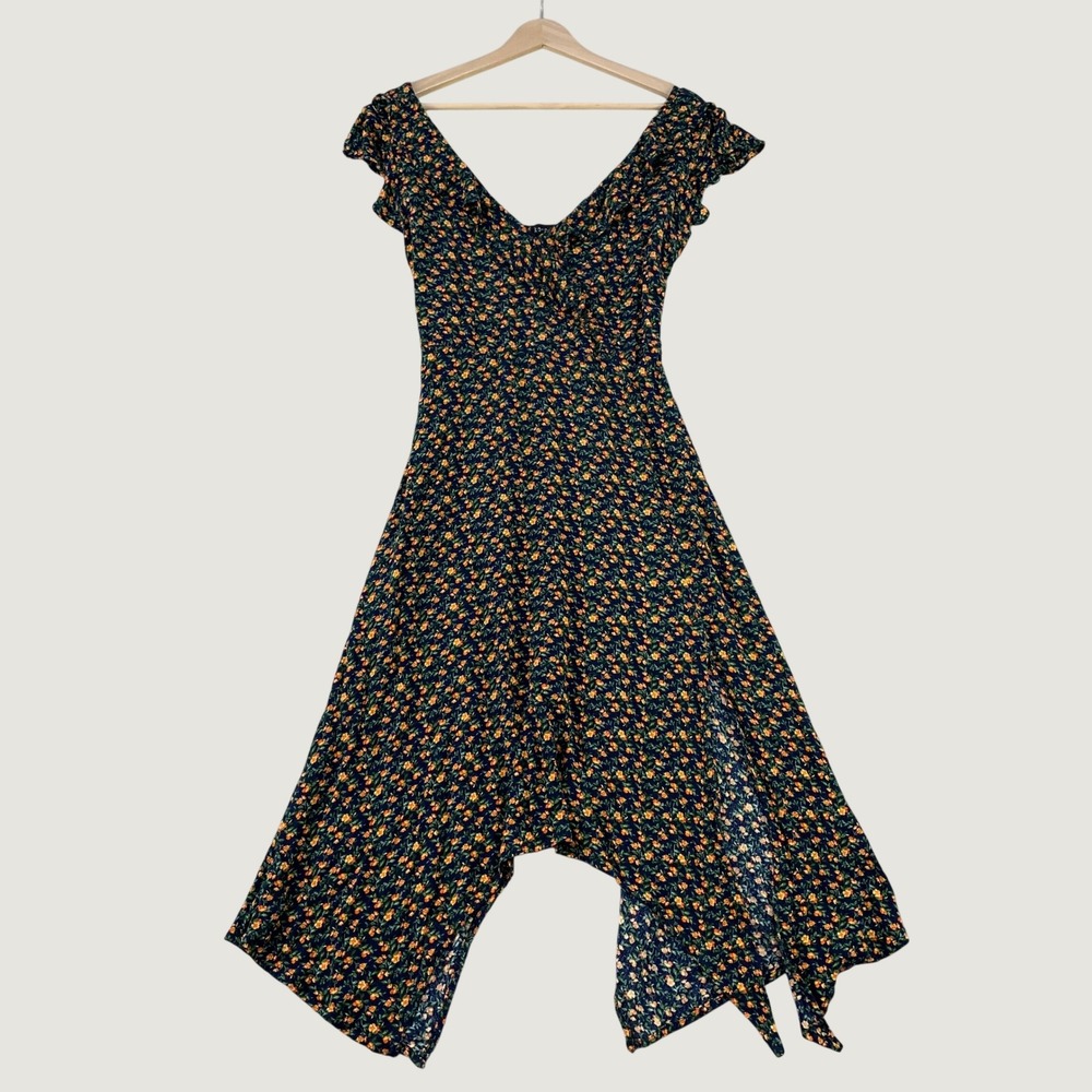 Kenedik Floral Handkerchief Hem Dress Womens M Boho Black V-Neck Y2K Party